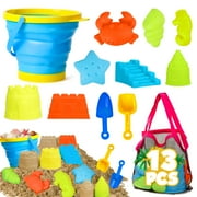 TOY Life Collapsible Beach Toys for Toddler Kid, Sand Toys for Children with Foldable Sand Bucket, Sandbox Toys with Shovels and Castle Molds, Summer Travel Beach Playset for Age 3-4-5-6-8-10
